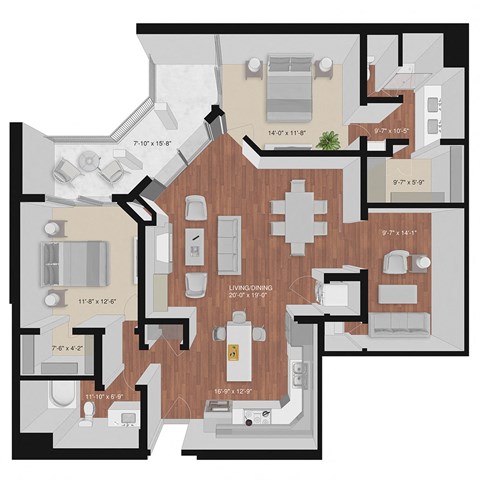Floor plan for 2 beds, 2 baths, 1465 sqft